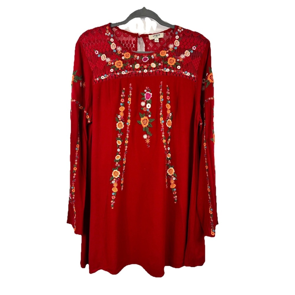 Umgee Boho Embroidered Dress L Red Floral Lace Yoke Peasant Western Cottage Fest